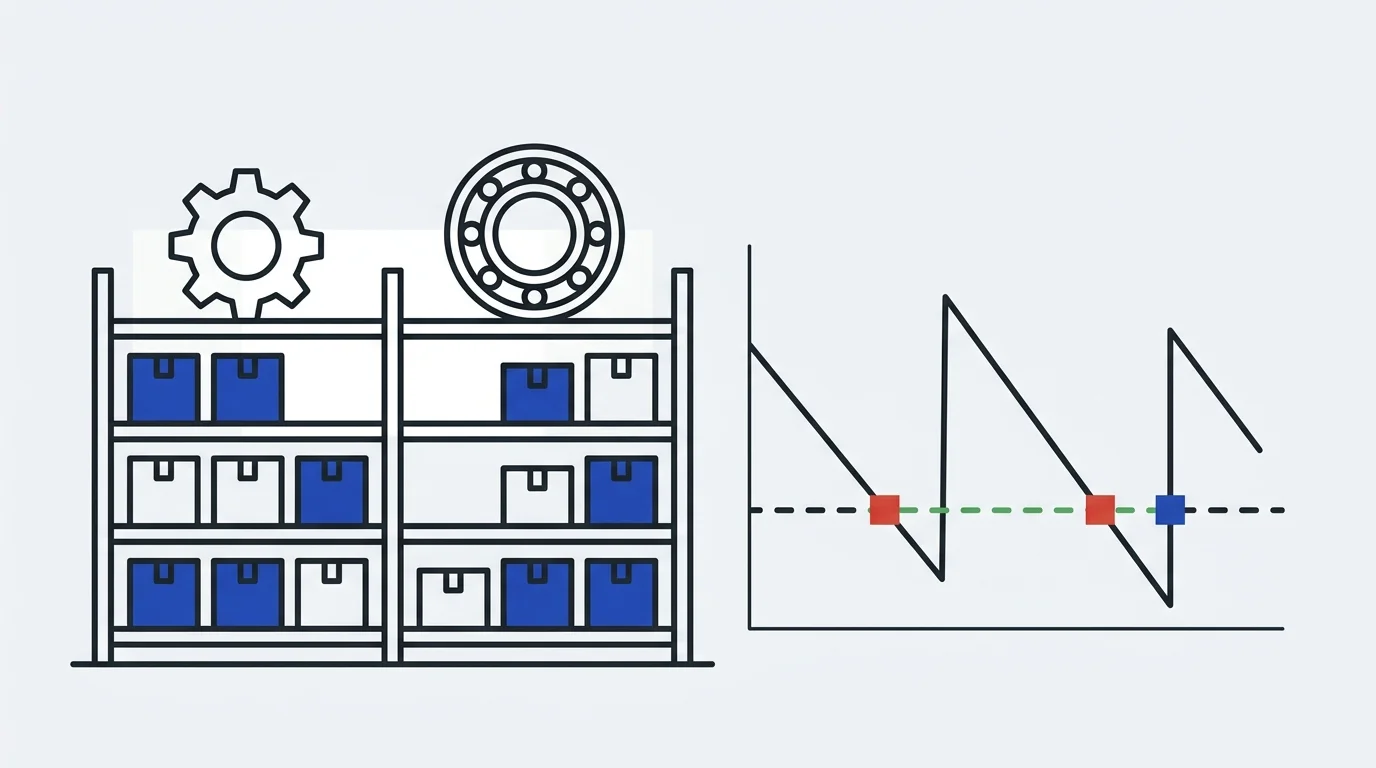 Illustration (AI-generated): shelves with parts, a bearing and a stock line that falls to the reorder level.