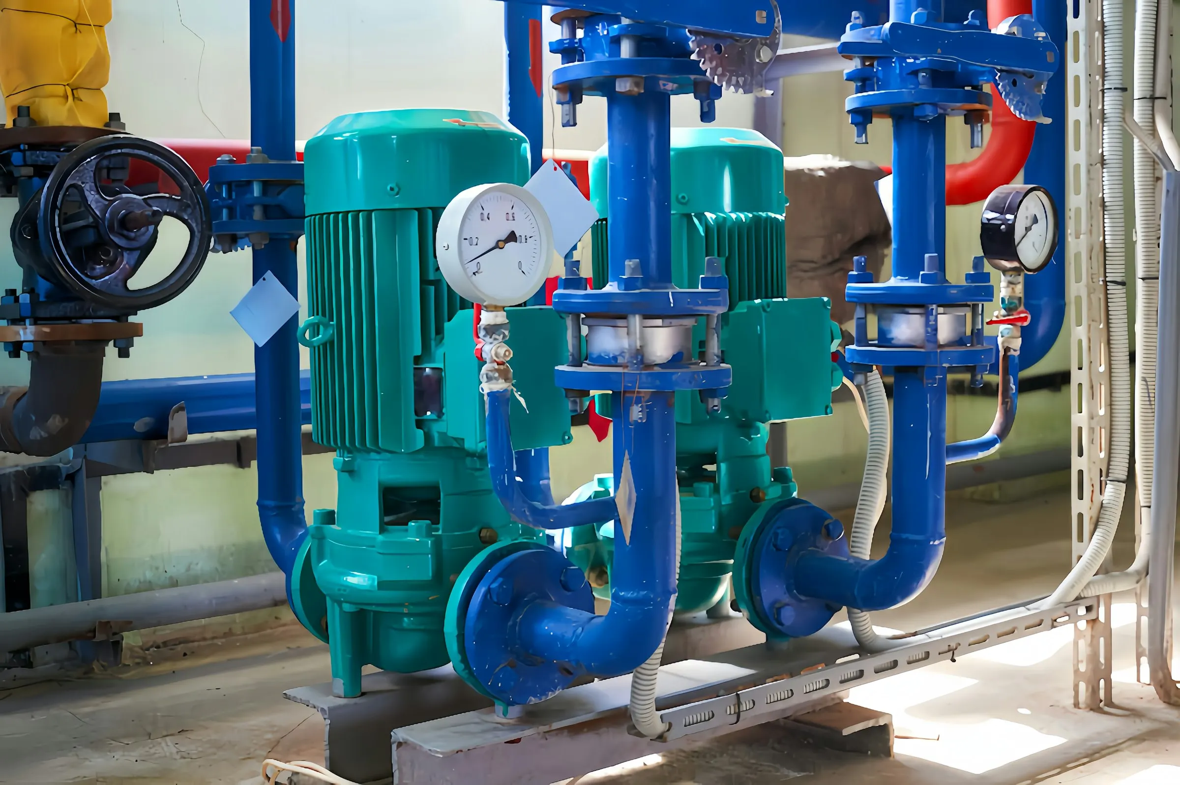 Photograph: two centrifugal pumps with pressure gauges and flanged pipework in a plant room.