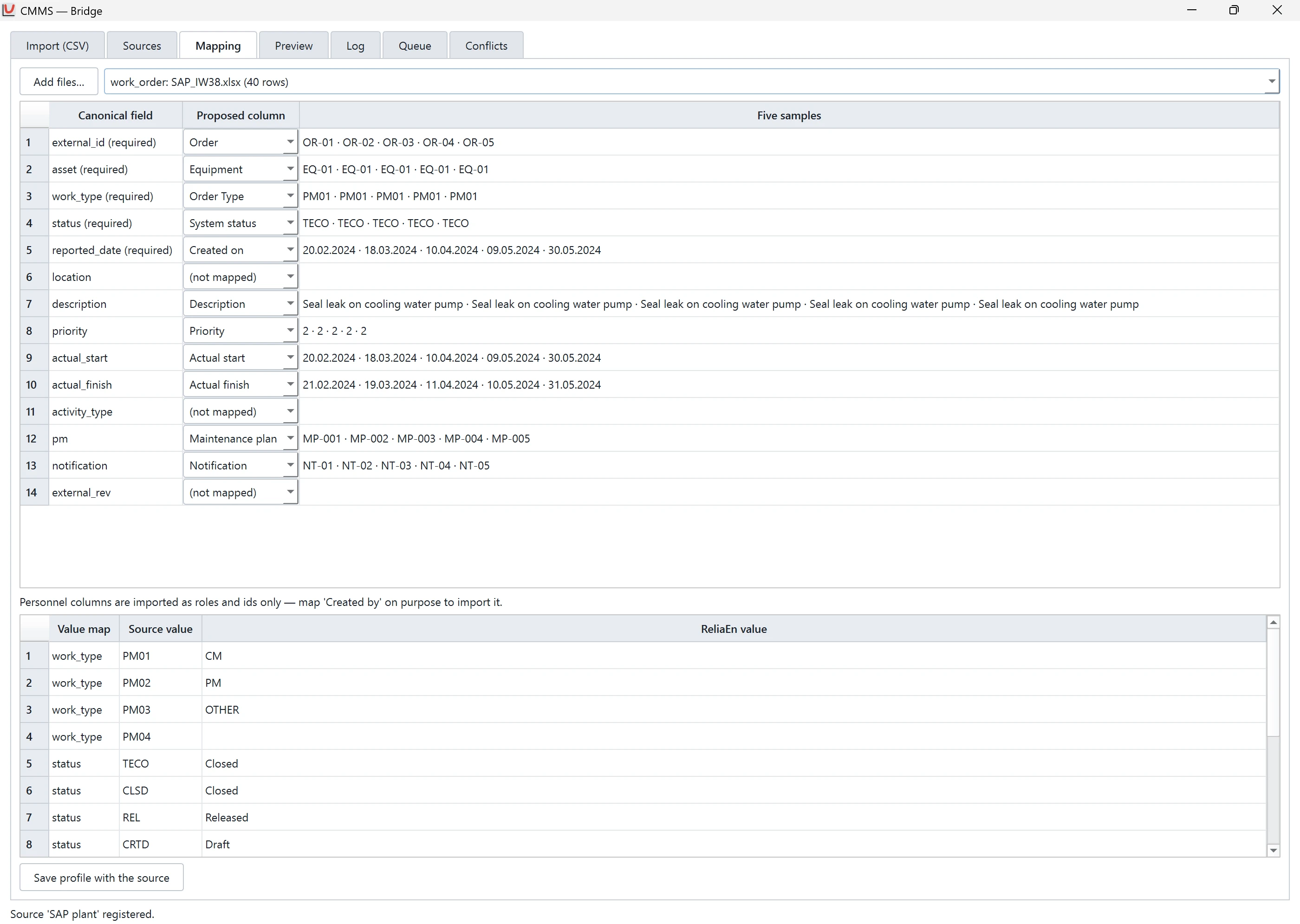 The “Mapping” tab of the ReliaEn CMMS Bridge. The tab maps each column of a work-order export file to a ReliaEn column and shows 5 sample entries from each column. A value map converts the codes in the file to ReliaEn codes.